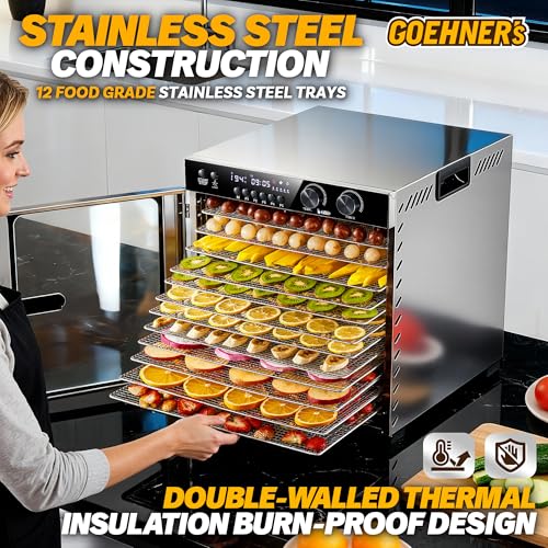 Image of Commercial Food Dehydrator Machine 12 Stainless Steel Trays, 12ft Meat Dehydrator for Jerky Up to 194F with 5 Presets and 48H Timer, 1100W Food Dryer for Dog Treats, Herbs, Fruit and Veggies
