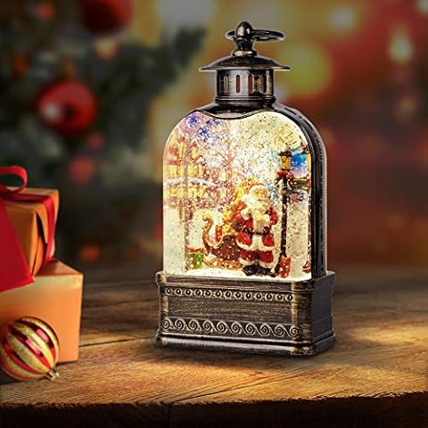 Christmas Snow Globe Lantern Musical, 6H Timer Brown Snow Globes Christmas with Music, Glitter Snowflakes icicles Lighted Santa Claus Decorative Lantern, Xmas Decor Gift for Adult Girls Women Cover