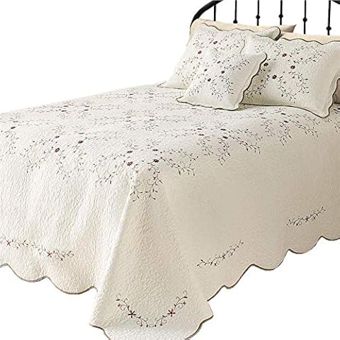 LELVA Oversized Embroidery Bedspreads Bed Coverlets Cover Set Floral Patchwork Quilt Set California King Beige 3Pcs 118" X 118" Cover
