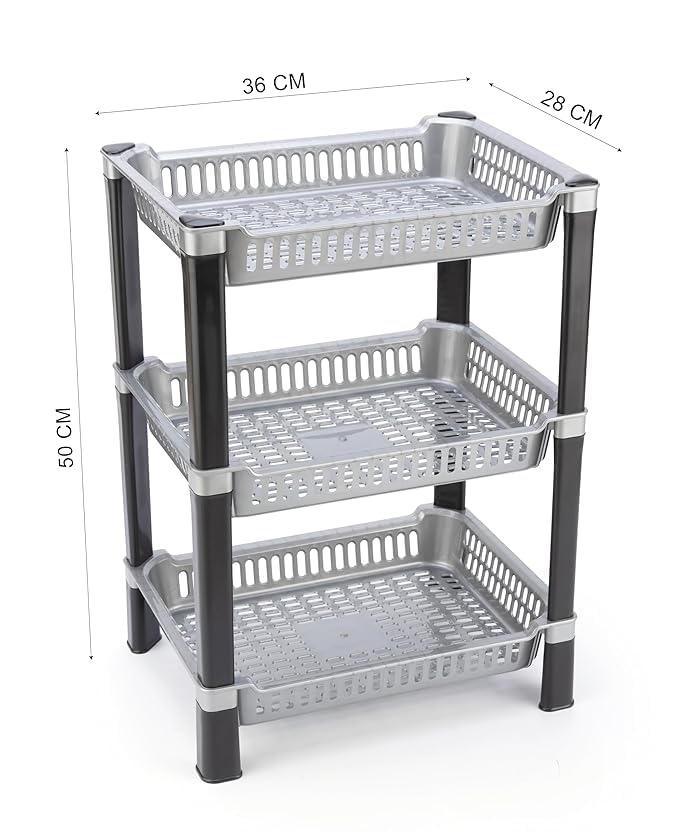 Image of U-Max Multi Tire Kitchen Storage Rack, Plastic Utility Shelf Organiser, Space Saving Storage Solution, Revolving Vegetable Rack (Silver, 3)