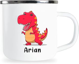 Arian Tasse personnalisable pour enfant avec nom et motif dinosaure amusant Tasse en émail Cadeau d'anniversaire pour garçon ou fille Tasse en métal émaillée Idée cadeau
