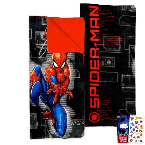 Marvel Spiderman Slumber Bag Set for Boys - Bundle of 54x56 Inches Spider-Man Sleeping Bag, Stickers, More | Spiderman Silk Touch Slumber Bag