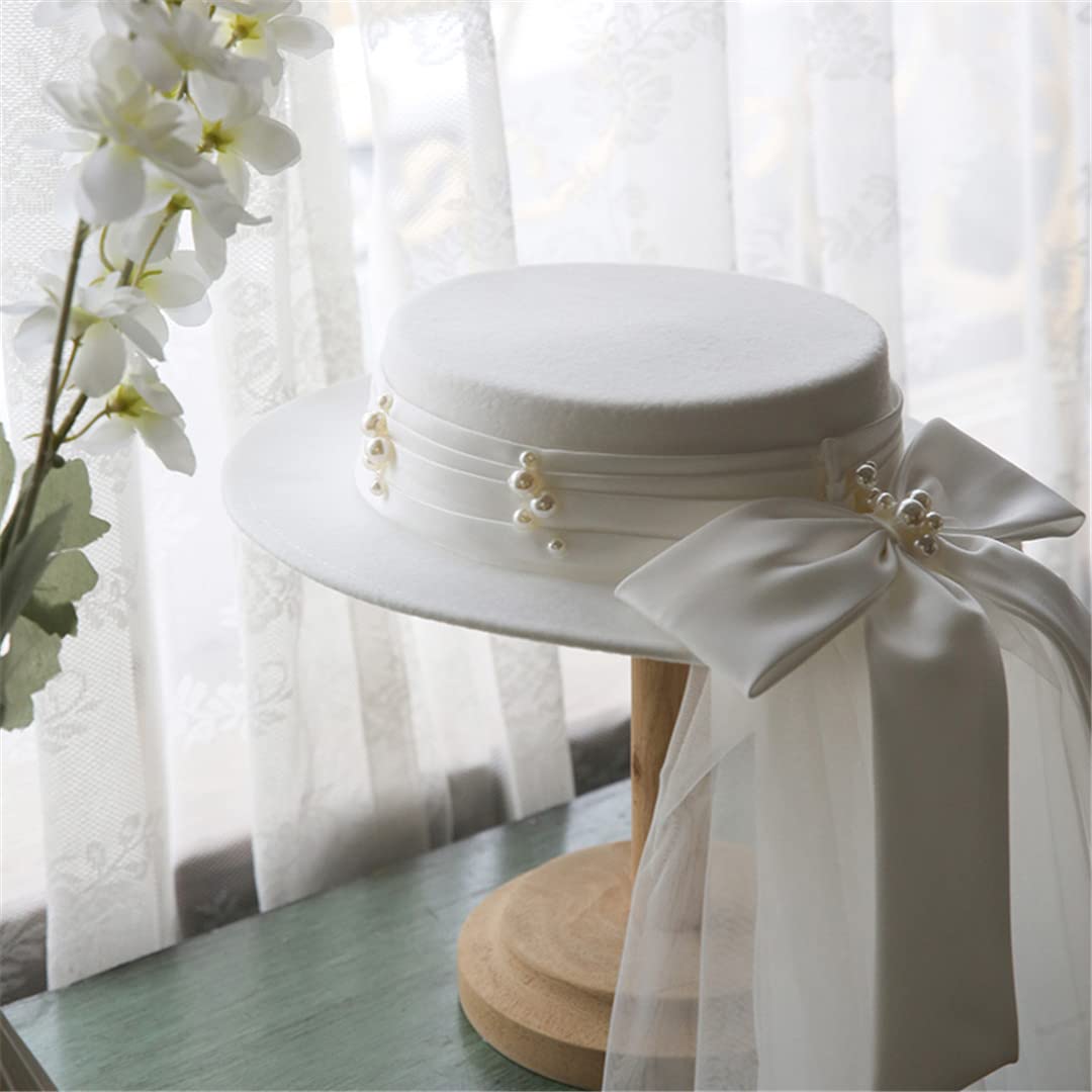 Lmtossey Cappello da Sposa in Raso Bianco Cappello da Cerimonia Nuziale con Fiocco Grande Perla Cocktail Party Elegante Fascia Fedora Velo Lungo Cappello da Sposa in Rete Tiara