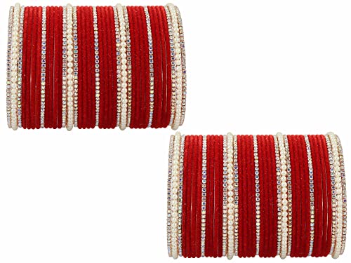 NMII Metal with Cubic Zirconia and Pearls Velvet Bangles For Women and Girls, (F172-Red-2.6 Inches), Pack Of 78 Bangles Set Deal
