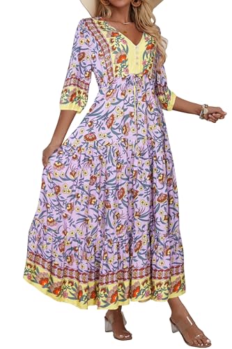 Image of Women Short Sleeve V Neck Floral Print Casual Bohemian Maxi Dresses