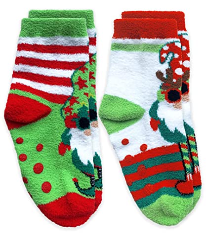 Jefferies Socks Girls Holiday Gnome Fuzzy Slipper Non-Skid 2 Pack, Multi, X-Small, Multi, X-Small US2
