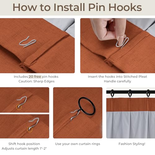 Pinch Pleated Blackout Curtains 86 Inch Long, Linen Blend, 100% Blackout Drapes with 20 Hooks, Ideal for Bedroom and Living Room, 40" W x 86" L (Pack of 2), Orange