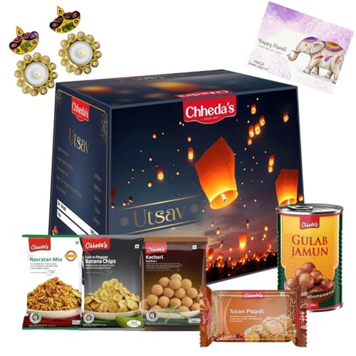 Image of Chheda's Utsav Festive Snack Box - Navratan Mix, Salt and Pepper Chips, Kachori, Orange Soan papdi & Gulab Jamun