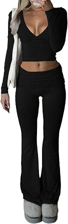 GFU Womens 2 Piece Outfits Long Sleeve Deep V-Neck Crop Top High Waisted Foldover Flared Pants Set Y2K Yoga Lounge Set