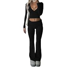 GFU Womens 2 Piece Outfits Long Sleeve Deep V-Neck Crop Top High Waisted Foldover Flared Pants Set Y2K Yoga Lounge Set