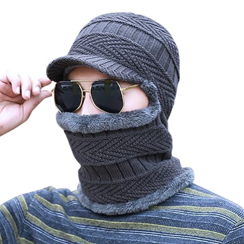 One-Piece Scarf Hat Windproof Knitting Wool Windproof Hat Scarf Hat and Mask Set Winter Hats Neck Warmer for Men Women Dark Grey