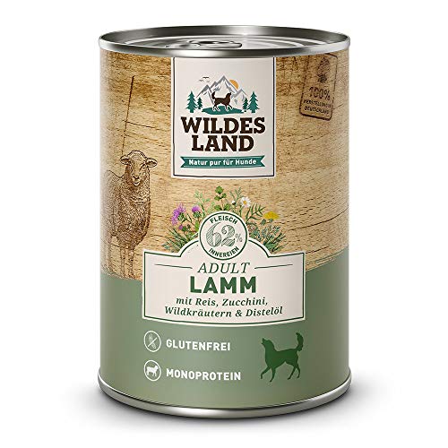 Wildes Land - Nassfutter für Hunde - Nr. 1 Lamm - 6 x 400 g - mit Reis, Zucchini, Wildkräutern & Distelöl - Glutenfrei - Extra viel Fleisch - Beste Akzeptanz und Verträglichkeit