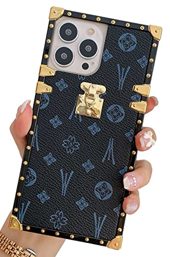 KERZZIL Retro Square iPhone 13 Pro Max Faux Leather Case,Shiny Shockproof Protective Metal Decoration Back Cover Cases Compatible for iPhone 13 ProMax 2021 6.7-inch(Black)