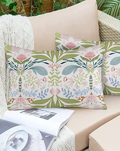 Outdoor Pillow Covers Waterproof, Green Blue Pink Floral All Weather Cushion Case Set of 2, Rustic Ethnic Boho Flowers Botanical Lumbar Pillowcase for Sofa Couch Bed Decor Patio Furniture 20