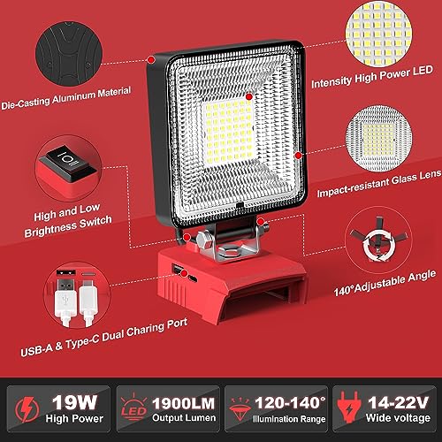 Cordless LED Work Light For Milwaukee 18v Battery, 19w