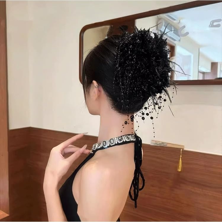 Large Chiffon Bead Floral Tassel Plastic Hair Claws Clips Double Flower Hair Claw Barrettes Clamps Bun Chignon Updo Holders Hair Accessories for Women (Coffee)