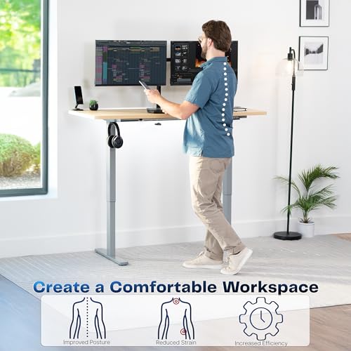 Image of VIVO Electric 60 x 24 in Standing Desk, Memory Height Adjustment, 1B Series, Holds 220 lbs, One-Piece Light Wood Top, Gray Frame, DESK-KIT-1G6C