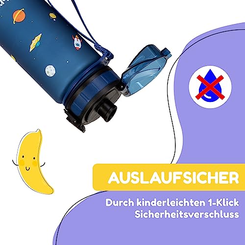 schmatzfatz Kinder Trinkflasche 400ml, Sport für Schule Kindergarten, 1-Klick Verschluss, Geschmacksneutrale Wasserflasche, Auslaufsicher mit Fruchteinsatz, BPA-Frei, Marineblau Raum