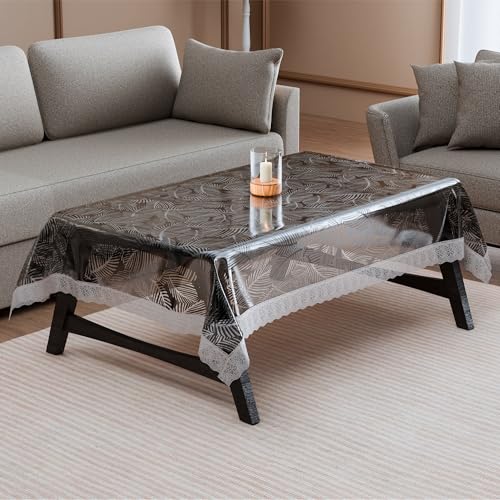Kuber Industries Mantel transparente de PVC para mesa de comedor de 4 plazas, 101 x 152 cm, multiusos, para fiestas y eventos, estampado de hojas, color negro