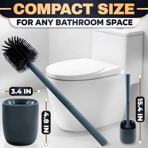 Image of Toilet Brush and Holder Set - Silicone Toilet Brush Cleaner with Dark Grey Holder Base, Compact Accessory for Small Spaces - Easy to Place & Simple to Store After Use, Plastic Bathroom Cleaning Tool