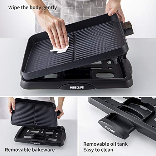 Indoor Grill Smokeless Electric Nonstick BBQ Grill Dishwasher Safe 14 inch Griddle, 1500W Detachable Contact Grilling with Smart 5-Heat Temp Controller, Fast Heat Up Family Size Tabletop Plate Black