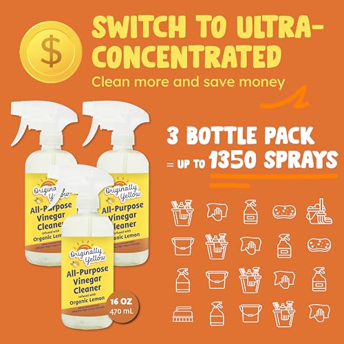 Image of Originally Yellow Lemon Vinegar All Purpose Cleaning Spray | Distilled Cleaning Vinegar | Plant-Derived All Purpose Cleaner | Living Room, Bathroom, & Kitchen | 3 Pack