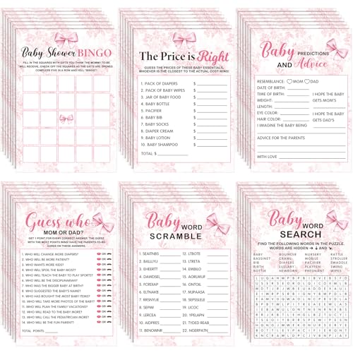 Image of Jetec 302 Pcs Baby Shower Games, 6 Games,50 Sheets Each, Coquette Pink Bow