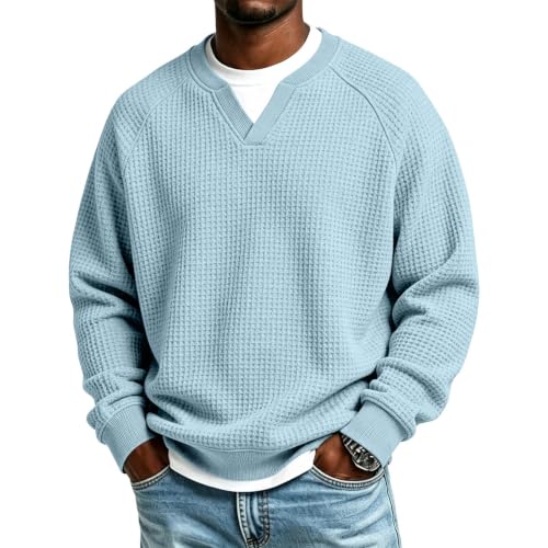Mens Waffle Shirt Long Sleeve Plus Size Textured V Neck Thermal Work Shirts - image 1