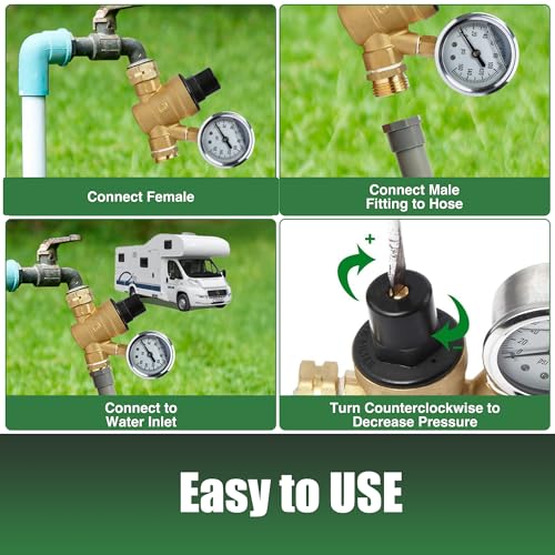 Image of U.S. Solid 3 /4 in GHT RV Water Pressure Regulator, Screwdriver-Adjustable Lead-Free Brass Valve with 0-160 psi Gauge and Inlet Filter, for RV Camper Trailer and Garden Hose