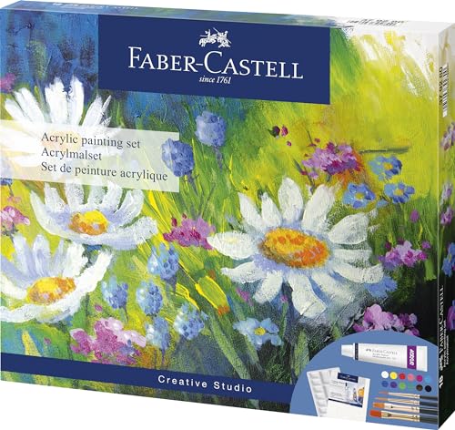 Faber-Castell 379280 - Set de peinture acrylique 18 pièces, avec 12 couleurs acryliques, toile 20 x 25 cm, palette de mélange et 4 pinceaux