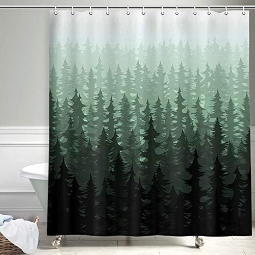 Rustic Forest Shower Curtain, Watercolor Nature Green Pine Trees Farmhouse Shower Curtains for Bathroom, Fantasy Fog Woodland Cabin Polyester Fabric Bathroom Accessory Set, Hooks Includ, 72X72in