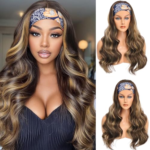 Honey Blonde Highlight Headband Wig Ombre Brown Body Wave Headband...