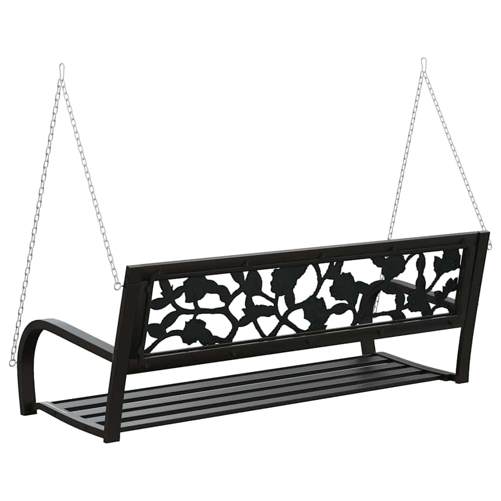 SYDE Banco Columpio de Jardín 125 cm Acero y Plástico Negro | Resistente a la intemperie, reposabrazos amplios, respaldo con estampado de rosas, cadenas incluidas