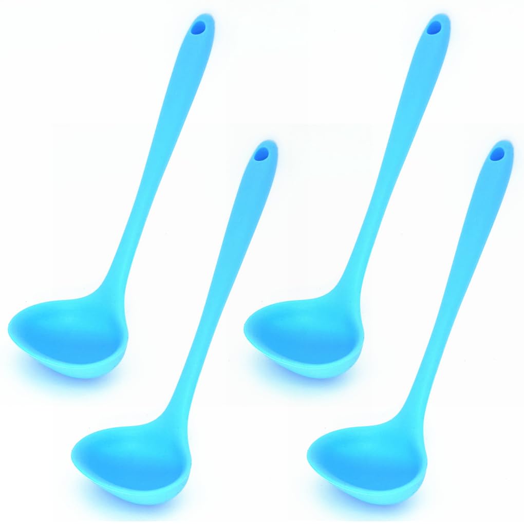 Haletia 4 Pack Soup Ladle Spoon,Silicone Kitchen Cooking Tool for Cooking and Serving Soup, Chili, Gravy, Salad Dressing and Pancake Batter (Blue)
