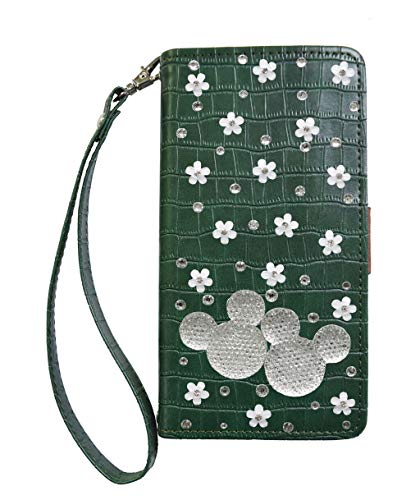 【Salon de M】ケース i11 対応 手帳ケース スマホカバー 携帯 PUレザー 合皮 財布 可愛い 人気 おしゃれ スタンド マグネット 横 カード収納 鏡 ミラー きらきら 白 花 はな 飾り PUTZ-29-JZ-141-5 ダークグリーン