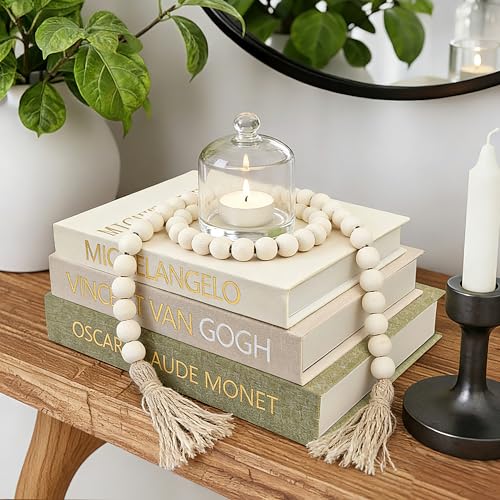 GYOSUGANG Aesthetic Decorative Books for Home Decor w. Wood Bead - Set of 3 Linen Fake Books for...