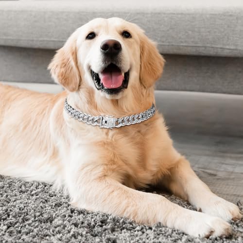 Image of Cuban Link Silver Dog Chain Collar Design Secure Buckle Crystal Necklace Silver Dog Metal Jewelry Accessories for Small Medium Large Pet Male Dogs (20inch)