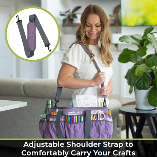 Image of Large Craft Organizer Tote Bag - Art Bag 16 x 7.9 x 9.5 with Elastic Side Pockets to Keep Markers Tidy - Durable Craft Bag Organizer Tote - Caddy Organizer with Handle and Removable Divider (Purple)