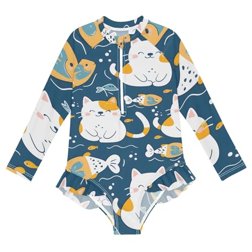 Girls One Piece Swimsuits Long Sleeve Swimsuit Zipper Bathing Suits Cute Cat Fish Blue