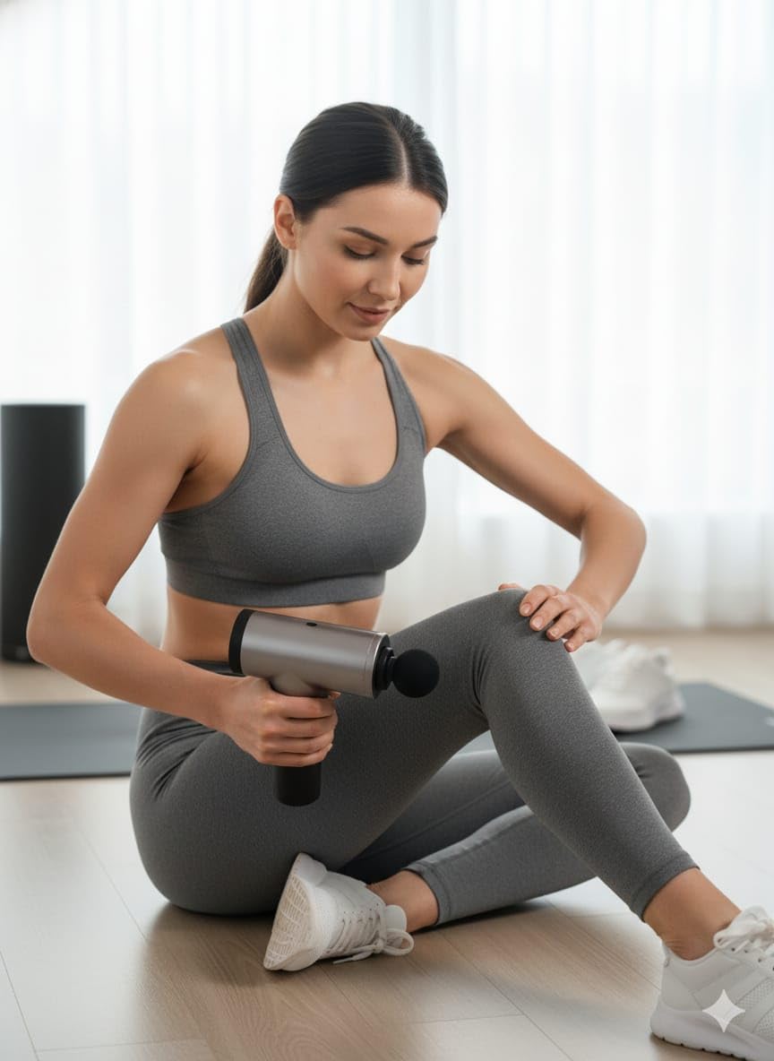 A woman using the Fascial Gun RH-320 on her knee area, illustrating use on lower body muscles.