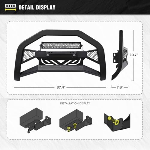 Image of YZONA Bull Bar with LED Light Bar & License Plate Frame Compatible with 2004-2024 Ford F150 F-150 & 2003-2017 Ford Expedition & 2003-2014 Lincoln Navigator, Front Brush Guard, Grill Guard, Bumper Push