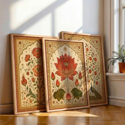 Image of NoWorries Lotus Peacock Wall Art Set of 3 Framed Prints | Indian Traditional Floral Botanical Painting, Royal Rajasthani Lotus Poster, Vintage Ethnic Wall Decor for Living Room Bedroom Home (Synthetic Engineered Wooden Frame) (Synthetic Engineered Wooden Frame) (MIN -9,17x25 inches)