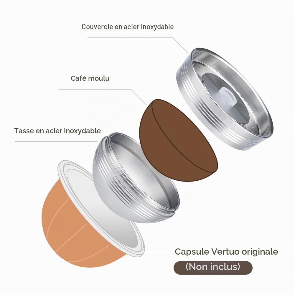 dosettes de café réutilisables en acier inoxydable uniquement compatible avec Ver tuo Next Machines Filtre à capsules de café rechargeable avec enveloppe de 6 capsules 80ml / 230ml et Tamper