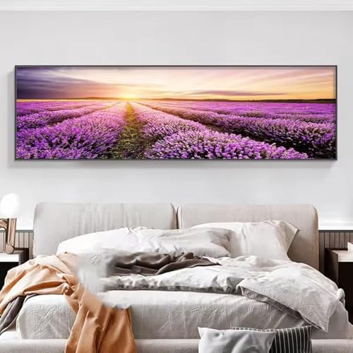 Tableau de lavande pour salon chaleureux | Toile coucher de soleil 55x165 cm