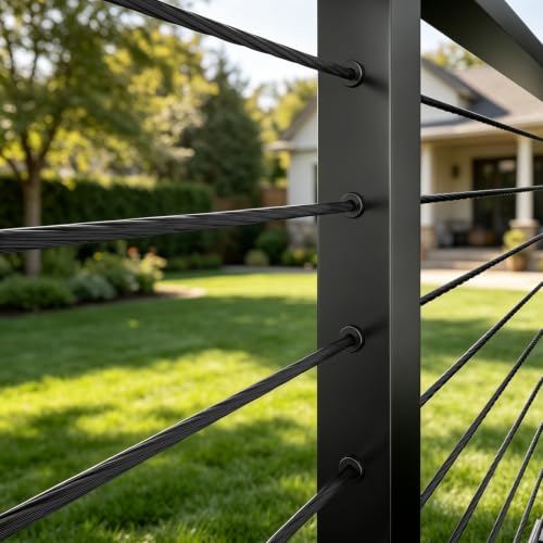 Image of 12FT-20FT 36 inch Black Cable Railing Post Kits with 3 /16 inch Wire Rope | Swageless Cable Railing System Includes 4Pack Drilled Posts, T316 Wire Rope and 3 /16 inch Cable Railing Tensioner Kit for Decks