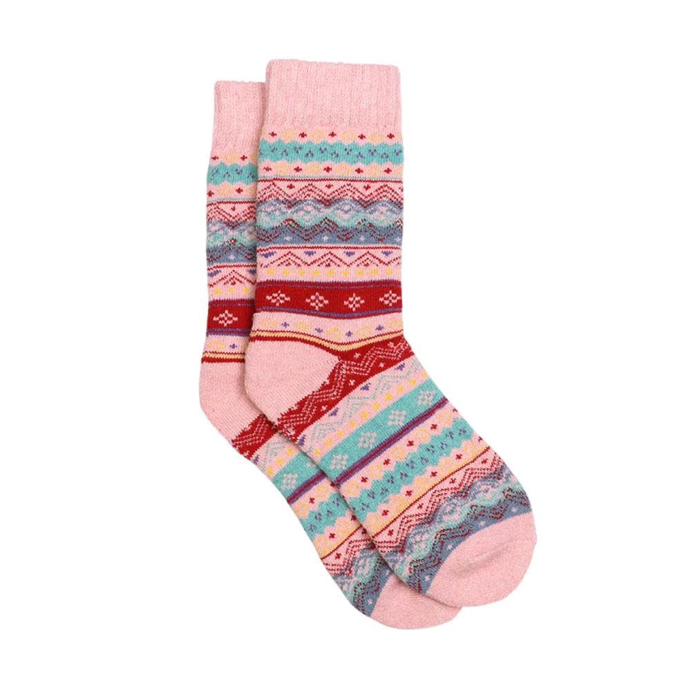 Pom Boutique Women's Multicolor Pom Peace Of Mind Pastel Pink, Red And Aqua Mix Fairisle Nordic Pattern Socks