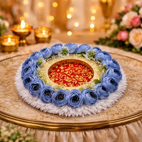 Image of SATYAM KRAFT 1 Pc Handcrafted Engagement Ring Holder Platter Round thali-Ideal for Rakhi, Ring Ceremony, Sagai,shaadi Decor,Marriage, Handmade Decorative Platter for Brides Maid (Blue)
