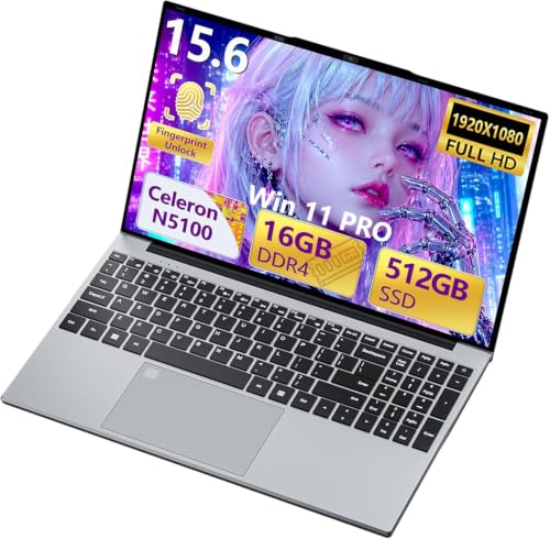 Image of 2026 Laptop, 15.6 inch Laptop Computer with Celeron N5100 16GB RAM DDR4 512GB SSD, 1920*1080, 180Hinge Portable Laptop, WiFi 5, BT 4.2, Win 11 Pro Lightweight Backlit Keyboard Lap Top for Business