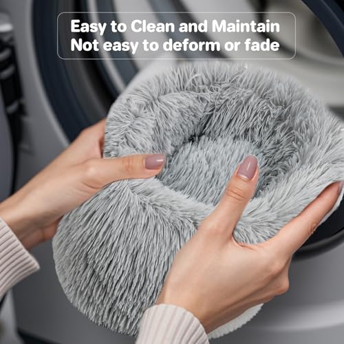 RAINFLOW Cat Bed Indoor Calming - Small Washable Plush Donut Bed for Cats | Anti-Slip Faux Fur Fluffy Pet Bed for Indoor Kittens and Puppies, Dog Bed, Soft Round Kitten Bed, Light Grey - Image 7