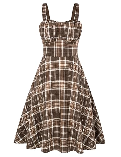 Belle Poque Ärmelloses Vintage-Kleid mit Spaghettiträgern, kariert, 1950er-Jahre, Herzausschnitt, Gingham-Stil, A-Linie, Cocktail-Midikleid, Braun,...